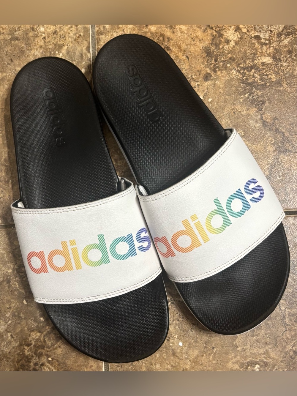 adidas White Slides with Rainbow adidas Logo